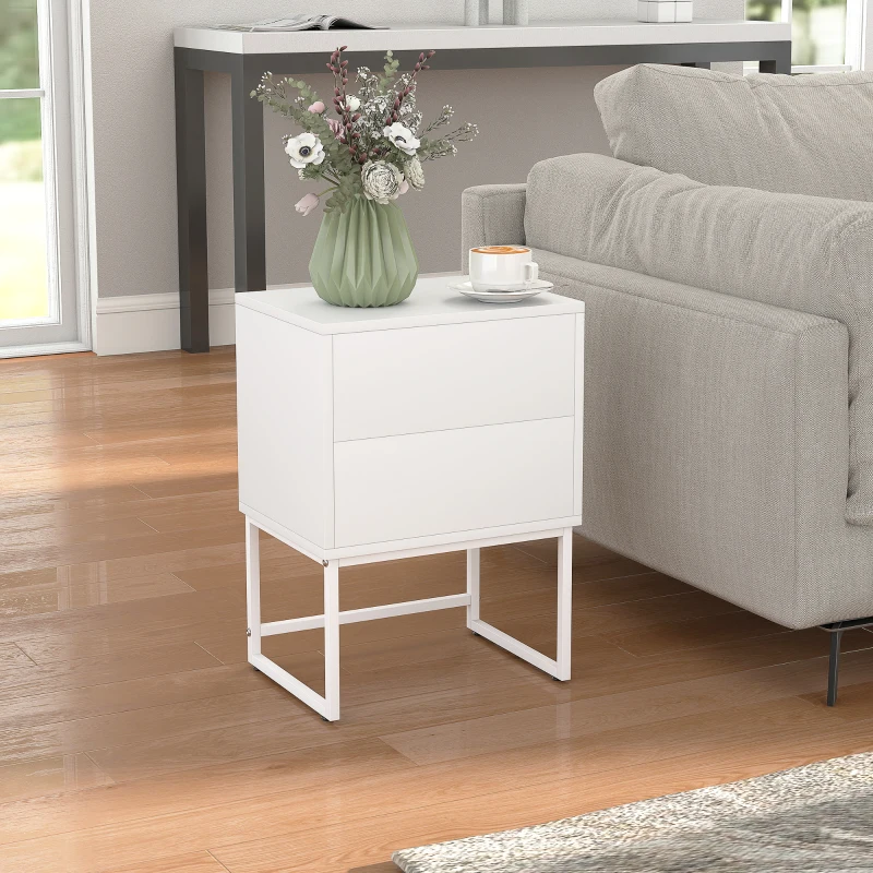 HOMCOM Table de Chevet Moderne à 2 Tiroirs avec Ouverture par Pression, Panneaux de Fibres de Bois et Acier, 40x30x50 cm, Blanc