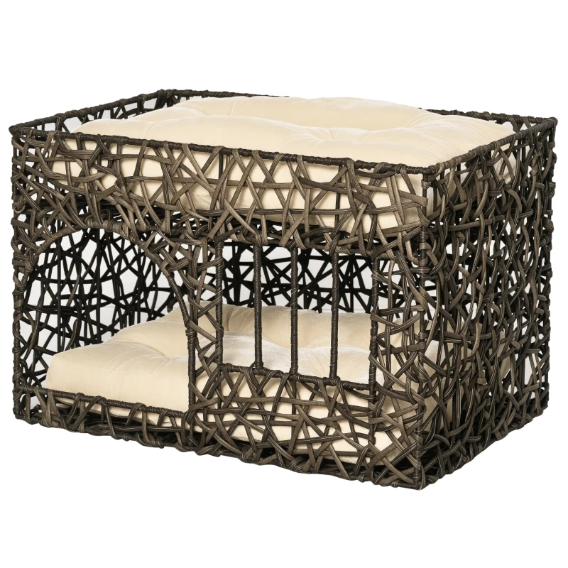PawHut Cesta de Ratán para Gatos de 2 Alturas Cama Cueva de Gatos con 2 Cojines Suaves y Ventana 56x41x45 cm Café Oscuro