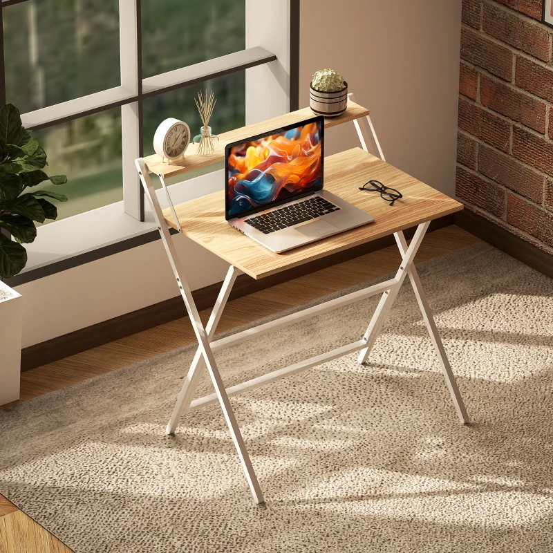 HOMCOM Bureau Pliable avec Étagère pour Moniteur, 81,5x62x86,5 cm, Bois et Blanc
