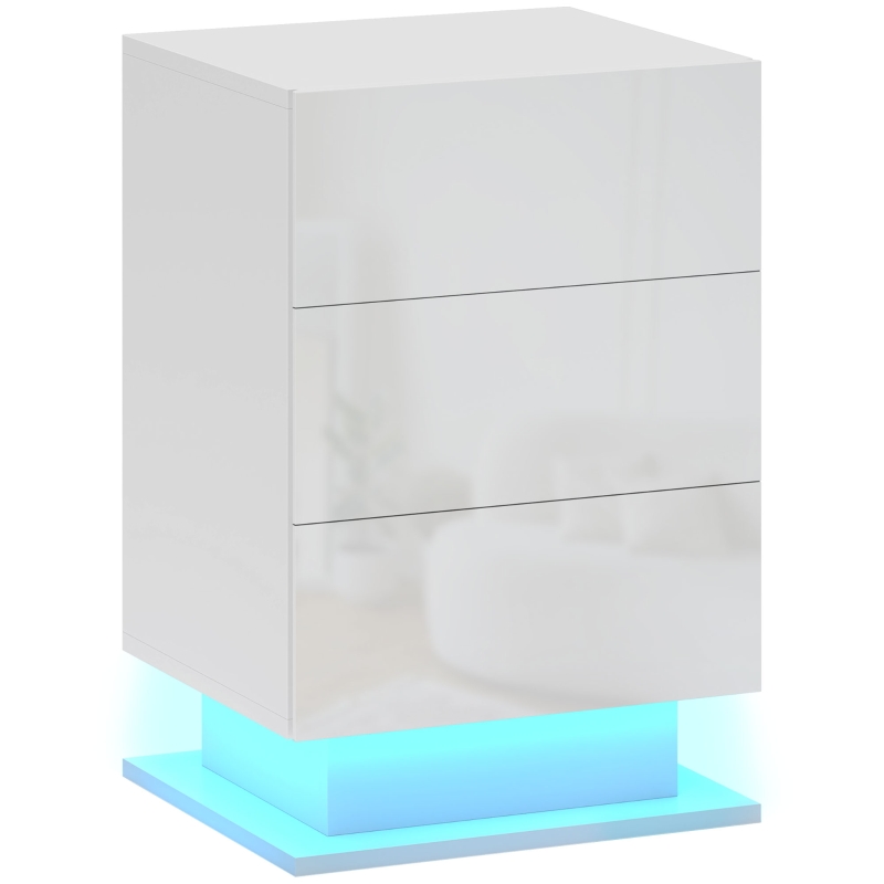 HOMCOM Table de Chevet Moderne avec Lumière LED Réglable et Télécommande, 3 Tiroirs, 40x35x60 cm, Blanc Brillant