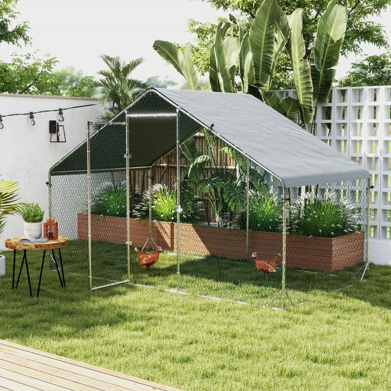 PawHut Gallinero para Exterior 3x2x2 m Jaula para Gallinas de Acero Galvanizado con Cubierta de PE y Cerradura Plata(m-2)