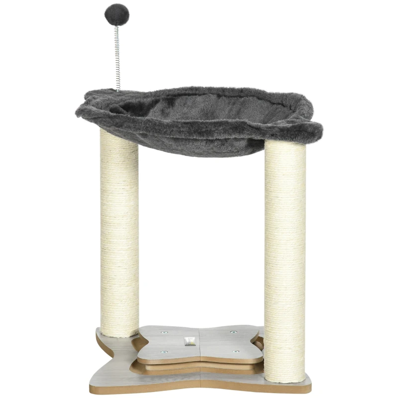 PawHut Griffoir pour Chats avec Hamac en Peluche, Base en Bois avec Jeu et Poteaux en Sisal, 53,55x53,5x66cm, Gris