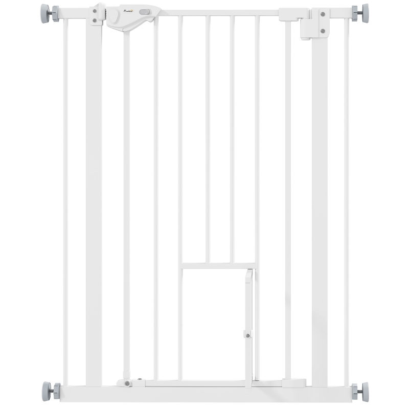 PawHut Barrière de Porte avec Chatière, Installation sans Perçage, largeur variable 74-80 cm, montage à une main, métal, blanc