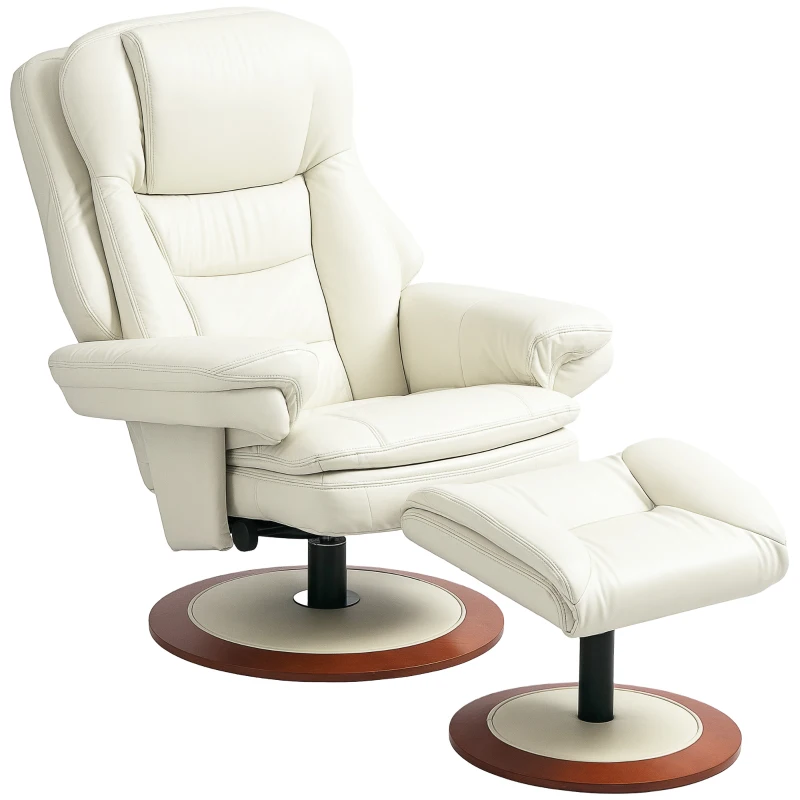 HOMCOM Fauteuil relaxant avec repose-pieds, fauteuil inclinable, fauteuil TV avec base en bois, résistant jusqu'à 150 kg, similicuir, Cremeweiß