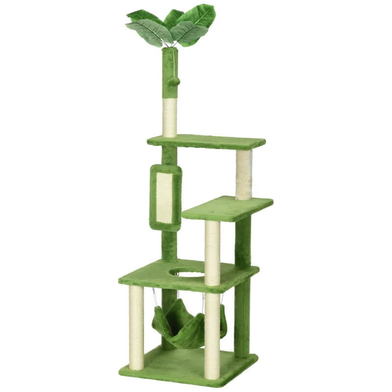 PawHut Arbre à Chat avec Hamac, Balle et Griffoir en Sisal, 49x49x142cm, Vert