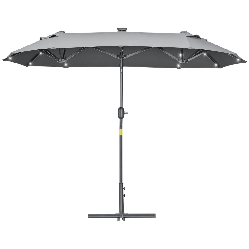 Outsunny  Umbrela de terasa cu doua fete cu lumini solare si baza in cruce, Umbrela de masa pentru exterior cu buton de inclinare, manivela, 2 orificii de ventilatie, pentru gradina, punte, Gri