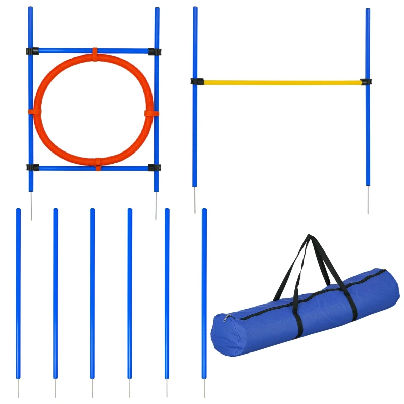 PawHut Agility sport pour chiens équipement complet : poteaux slalom, obstacle, anneau + sac de transport bleu jaune rouge