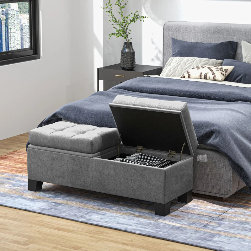 HOMCOM Banc Coffre de Rangement en Tissu avec Rembourrage Capitonné, 116x41x47cm, Gris