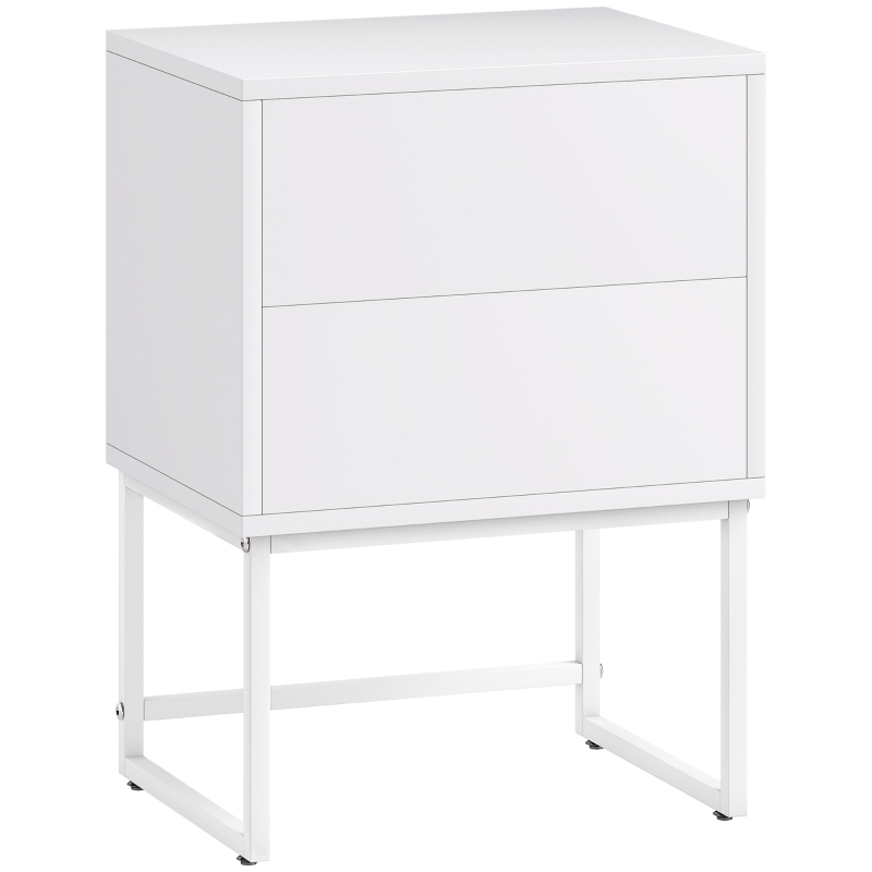 HOMCOM Table de Chevet Moderne à 2 Tiroirs avec Ouverture par Pression, Panneaux de Fibres de Bois et Acier, 40x30x50 cm, Blanc
