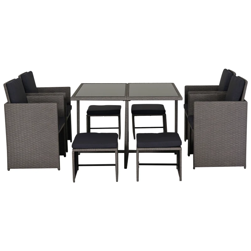 Outsunny Set Mobili da Giardino Esterno Tavolo con 4 Sedie 4 Poggiapiedi 9pz Rattan Grigio