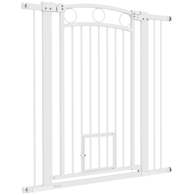 PawHut Barrière de Sécurité pour Animaux de 106 cm de hauteur avec largeur ajustable, porte pour chat intégrée, pour escaliers et encadrements de porte, Blanc