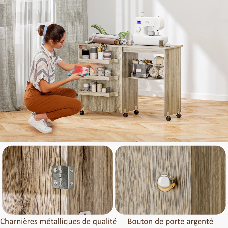 HOMCOM Table de couture pliante meuble couture à abattant avec bacs de rangement, étagère ouverte et roulettes effet bois grisé