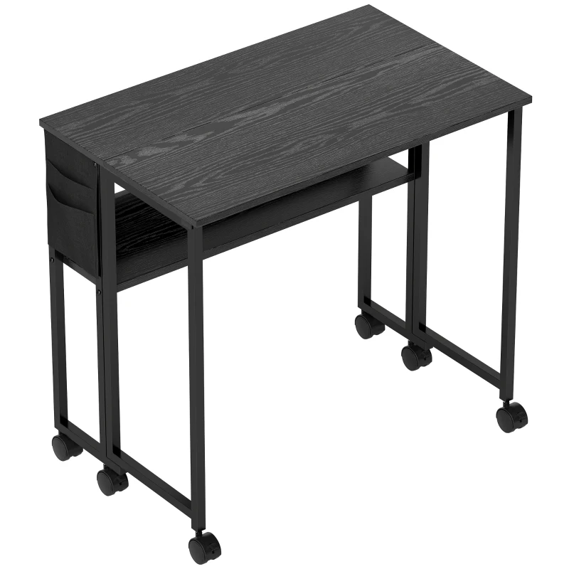 HOMCOM Bureau Pliable Gain de Place à Rabat avec Étagère, Poche de Rangement et Roulettes, Noir