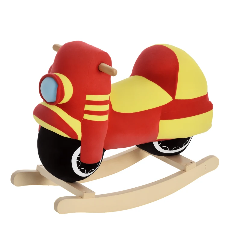 HOMCOM Cavallo a Dondolo per Bambini 18-36 Mesi a Forma di Moto, Cavallo per Bambini Cavalcabile in Legno e Peluche, Suoni Realistici, Max. 40kg, Rosso e Giallo