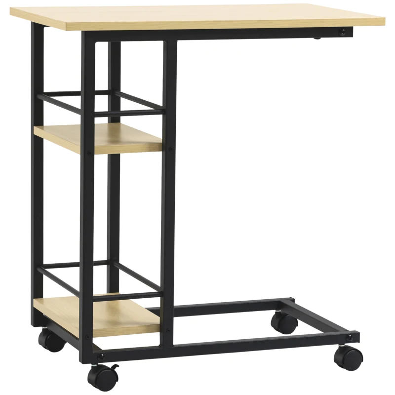 HOMCOM Mesa Auxiliar con Ruedas Mesa Lateral en Forma de C con 2 Estantes Estilo Moderno 60x34,5x64,5 cm Natural