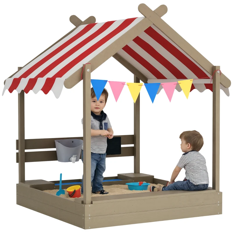 Outsunny Bac à sable avec protection solaire, design de maison de jeu, avec ensemble de jouets, bois massif traité, 124 x 116 x 146 cm, Gris