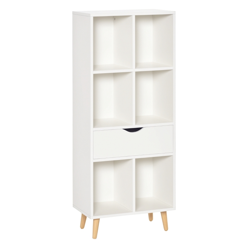 HOMCOM Estantería para Libros con 1 Cajón y Patas de Madera 6 Compartimentos Abiertos de Almacenaje 50x29,5x120 cm Blanco