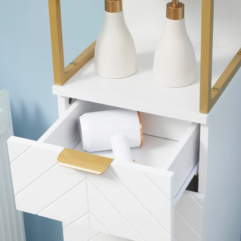 kleankin Mobile Colonne de Salle de Bain avec Tiroir, Placard et Étagère en Bois et Métal, 30x30x105cm, Blanc