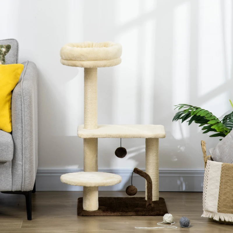 PawHut Arbre à Chat avec Poteau en Sisal, Plateforme et Balles de Jeu, en Aggloméré et Peluche, 44x38x81 cm