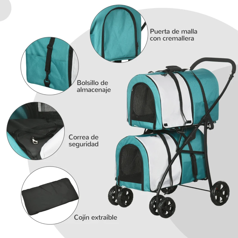 PawHut Poussette Double pour Chiens Chats Pliable avec 2 Sièges Auto Amovibles avec Ceinture et Coussins 66x50x98cm Vert et Gris