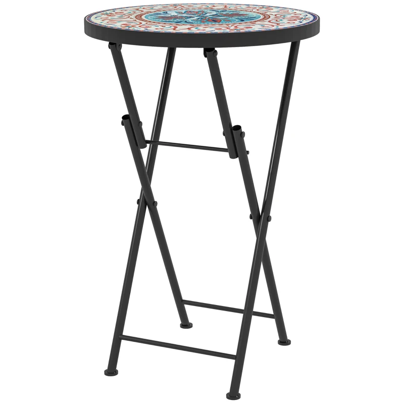 Outsunny Table de jardin en mosaïque, Table ronde pliante pour terrasse avec cadre en métal et dessus en céramique, Motif de mosaïque, Multicolore