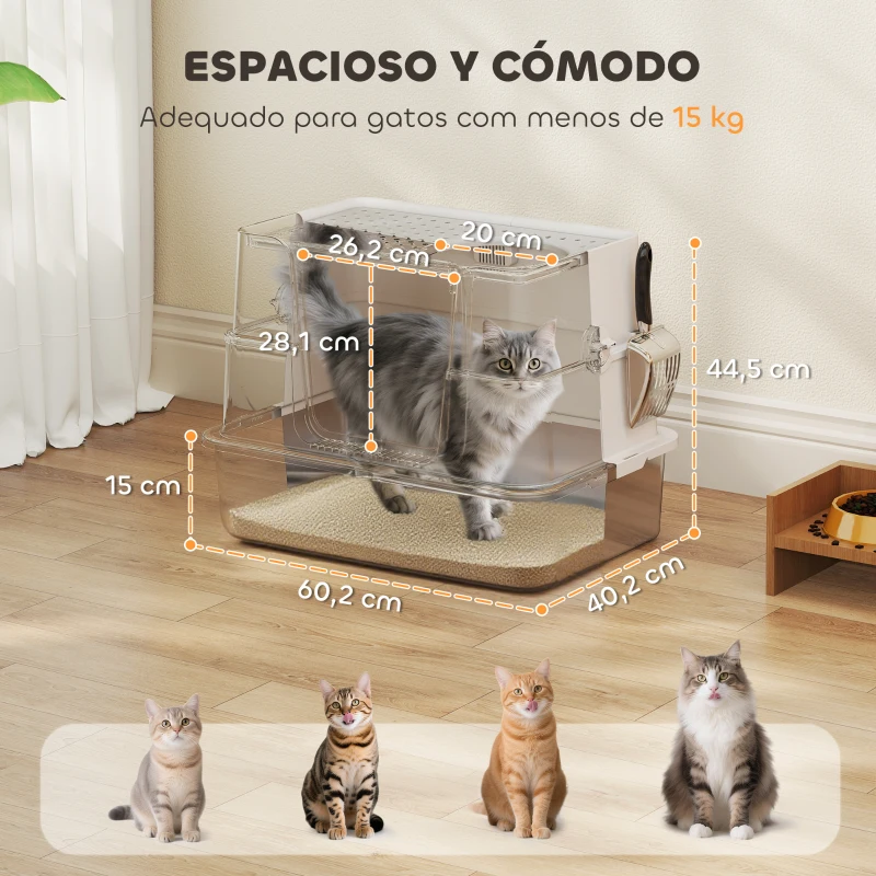 PawHut Litière pour Chat en Acier Inoxydable XL avec Couvercle Relevable Entrées Hautes Pelle Facile à Nettoyer Anti-Fuites Gris Clair