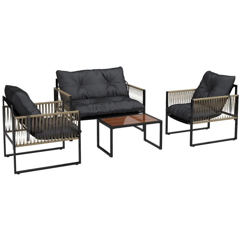 Outsunny Conjunto de Móveis de Jardim de Vime Sintético 4 Peças com 2 Poltronas 1 Sofá de 2 Lugares 1 Mesa de Centro Cinza Escuro