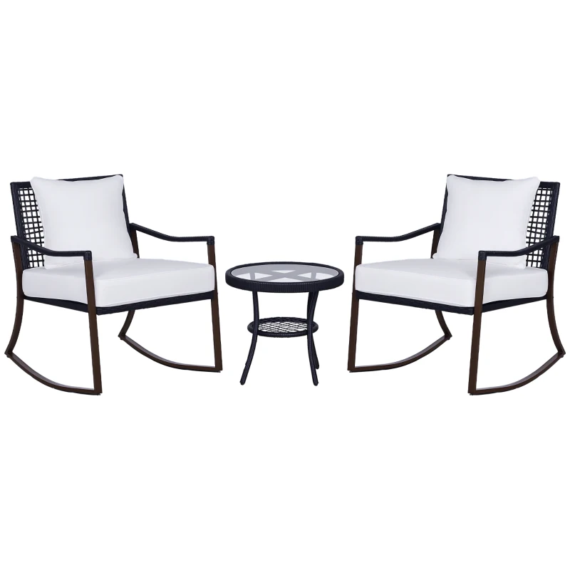 Outsunny Ensemble de jardin 3 pièces style cosy 2 fauteuils à bascule avec coussins assise dossier + table basse résine tressée brun crème