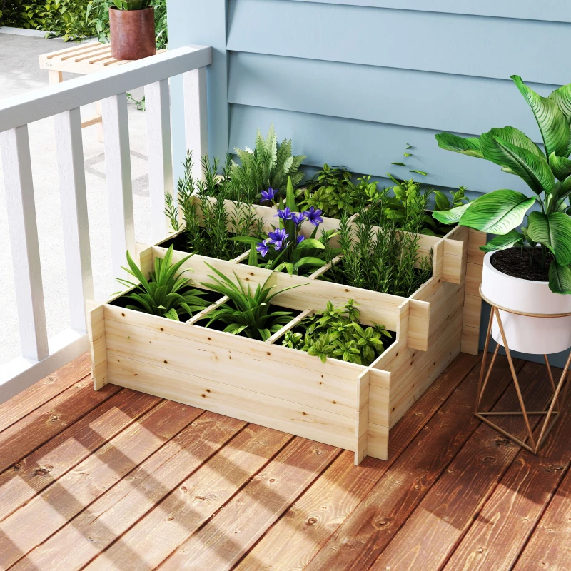 Outsunny Huerto Urbano Jardinera de Madera de 3 Niveles con Tela Geotextil para Cultivos Plantas Flores para Jardín Terraza Exterior 117x100x54 cm Natural