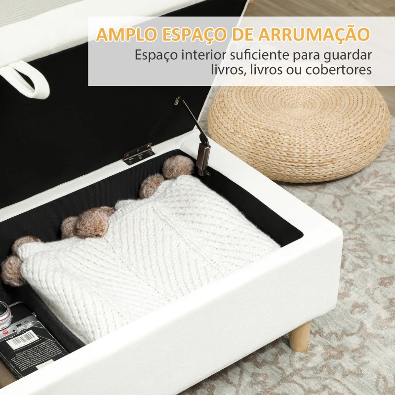 HOMCOM Banco de Arrumação Baú Estofado em Veludo com Pés de Madeira Capacidade 71L para Quarto Entrada ou Sala 100x50x43 cm Creme