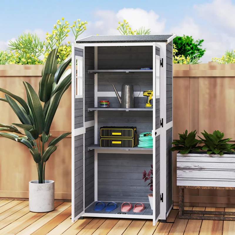 Outsunny Abri de Rangement de Jardin, Cabane à Outils avec 2 Fenêtres, Piquets de Sol, Toit en Asphalte, 91 x 69 x 192 cm, Bois de Sapin, Gris clair
