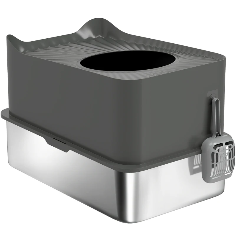 PawHut Stainless Steel Cat Litter Tray, Extra Large Enclosed Litter Box with Scoop, Top Entrance, Non-slip Pads, Dark Grey