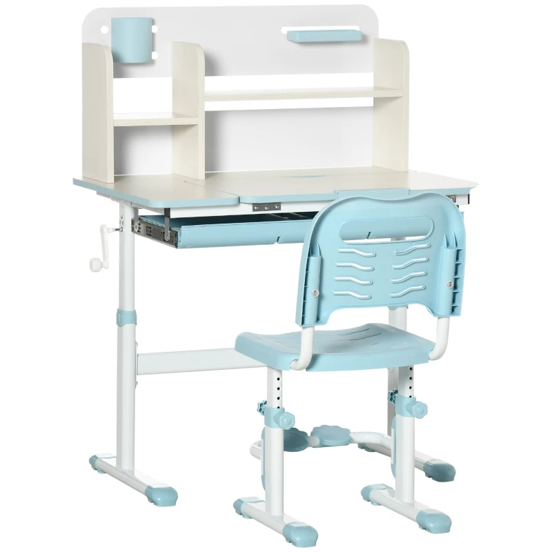 HOMCOM Escritorio y Silla para +3 Años con Altura Ajustable y Mesa Inclinable 80x52x88-109 cm y 35,5x44,5x66-80 cm Azul