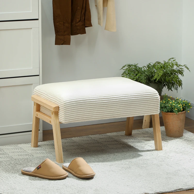 HOMCOM Zitkruk met zacht zitkussen en houten poten, voetsteun met cordlook, crèmekleurig