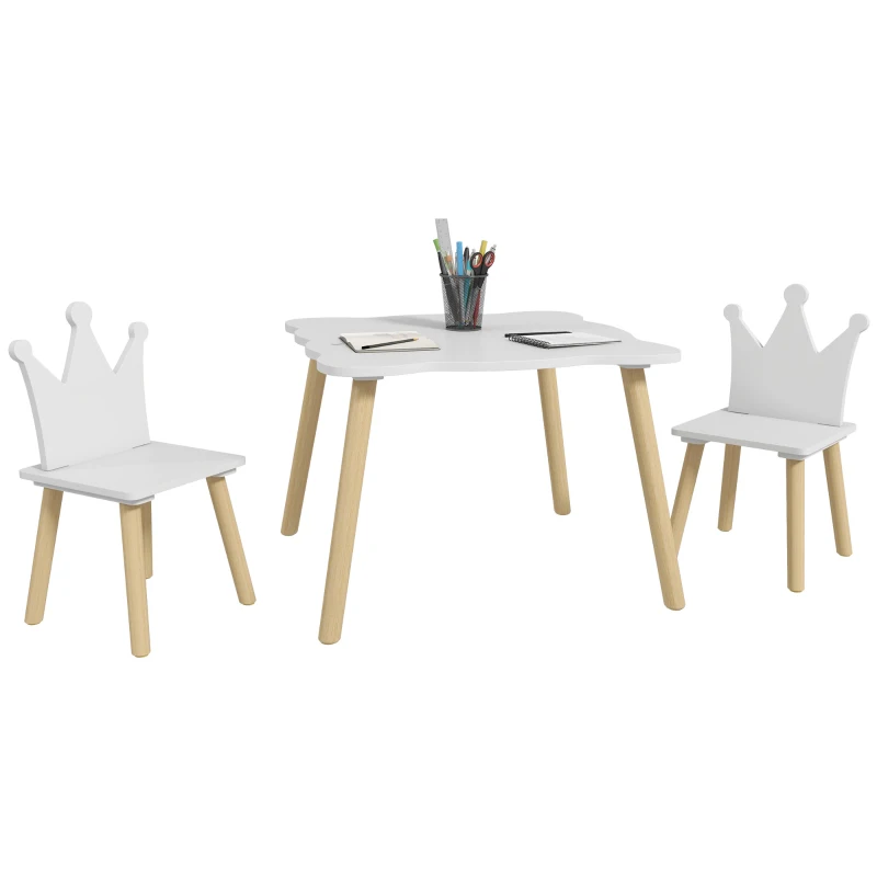 AIYAPLAY Set Table et 2 Chaises pour Enfants avec Dossier en Couronne, Âge 3-6 Ans, Blanc