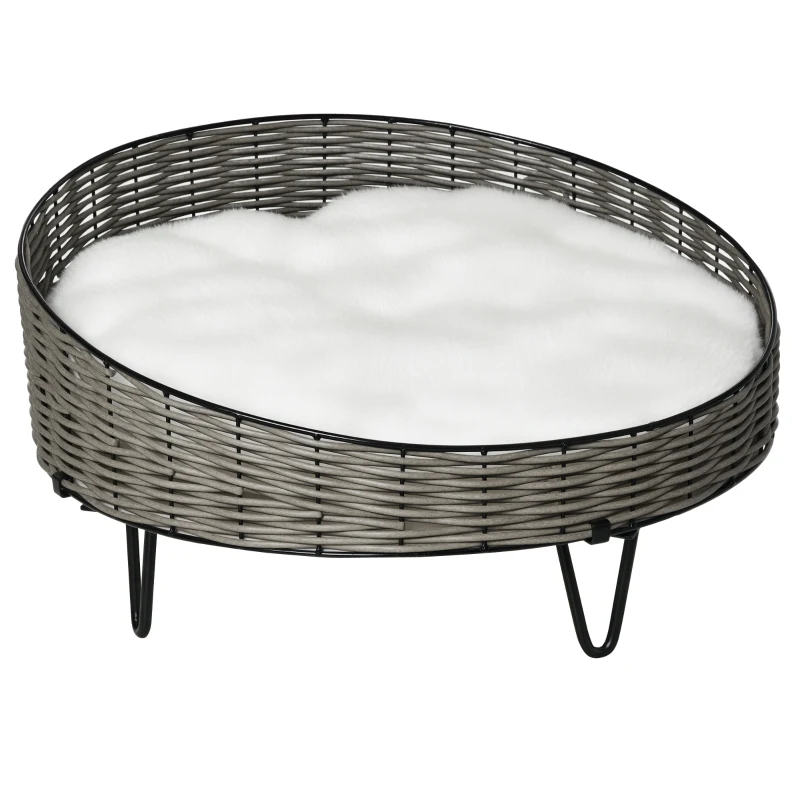 PawHut Cama para Perros Gatos de Mimbre Redonda Cesta Ratán para Mascotas Pequeños con Cojín Lavable y Patas Elevadas de Acero Ø60x32 cm Gris y Blanco