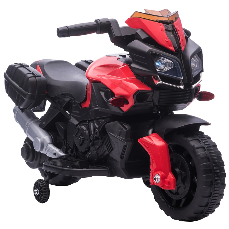 HOMCOM Moto électrique Enfant 6 V 3 Km/h Effet Lumineux et sonore roulettes Amovibles Repose-Pied valises latérales métal PP Rouge Noir