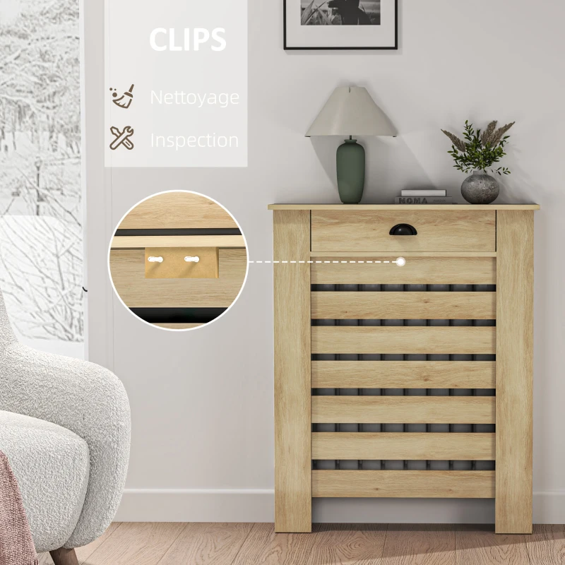HOMCOM Couvercle de radiateur cache radiateur grille à lattes horizontales avec 2 tiroirs en bois 78l x 19P x 95,5H cm chêne