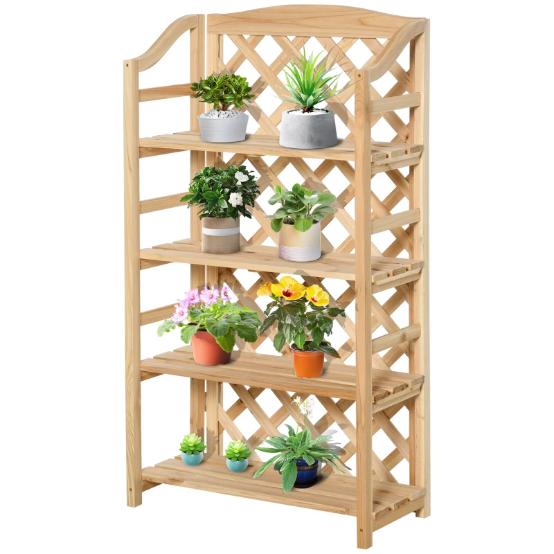 Outsunny Etagère à Plantes d'Extérieur, Porte-Plantes de Balcon Pliable avec 4 Etagères Réglables, Décoration de Jardin et Maison en Bois, 67x33x123cm