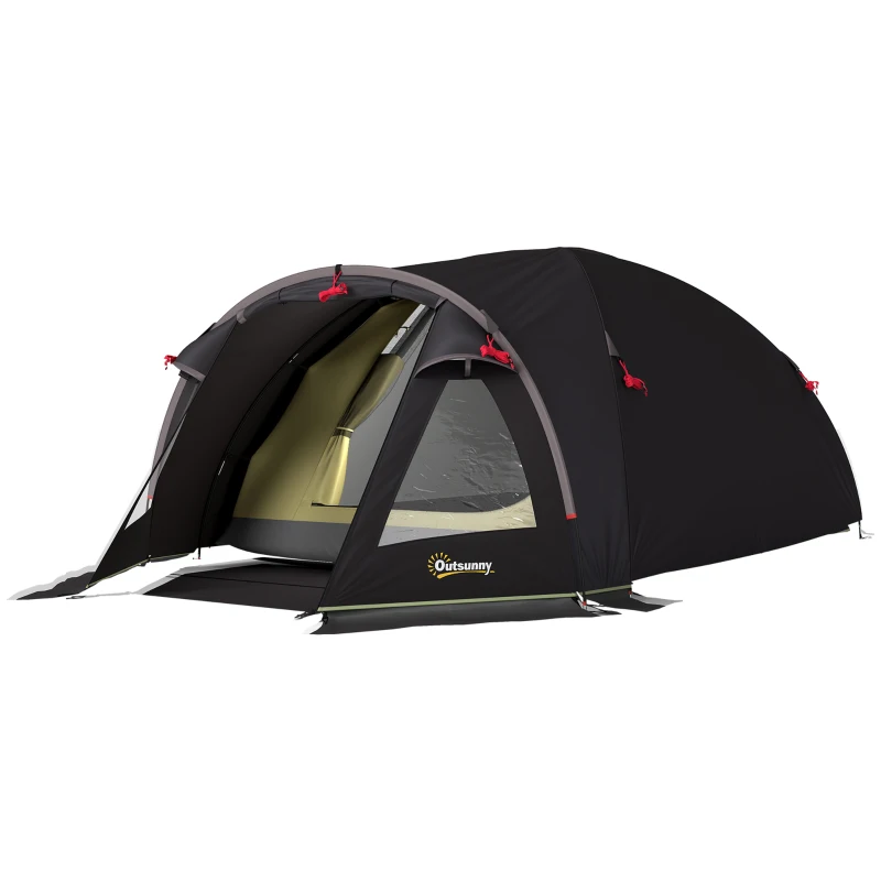 Outsunny Tente à Tunnel pour 2-4 Personnes avec Fenêtres Latérales et Crochet, en Polyester 190T et PE, 3,3x1,9x1,2 m, Noir