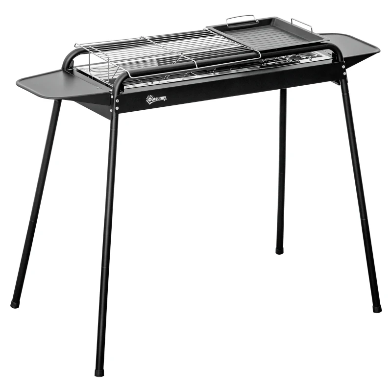 Outsunny Barbecue a Carbonella con Griglia e Piastra in Acciaio con Ripiani Laterali, 113x59x83.5cm, Nero
