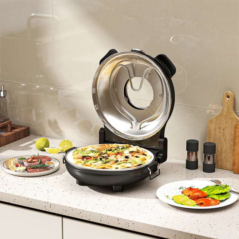 HOMCOM Elektrische Pizzaoven 430 ℃, 1200 Watt Pizzabakker met 30 cm Steenplaat, Timer, Zichtvenster, Roestvrij staal Zwart(m-3)