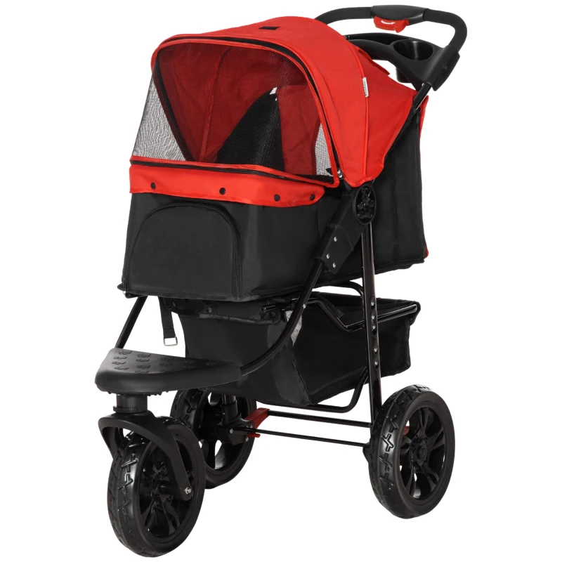 PawHut Poussette pour Chiens avec 3 Roues Fenêtres en Maille Panier de Rangement et Sangles de Sécurité 109,5x57,5x106,5 cm Rouge