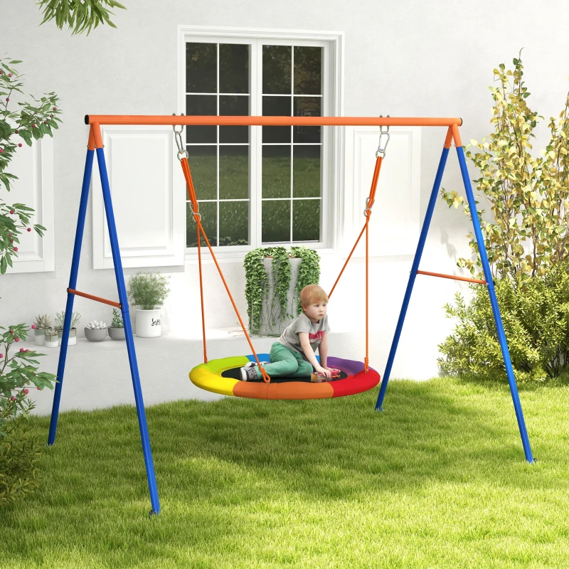Outsunny Balançoire de Jardin à Nid pour 1-2 Enfants en Métal Renforcé, 196x172x180cm, Multicolore