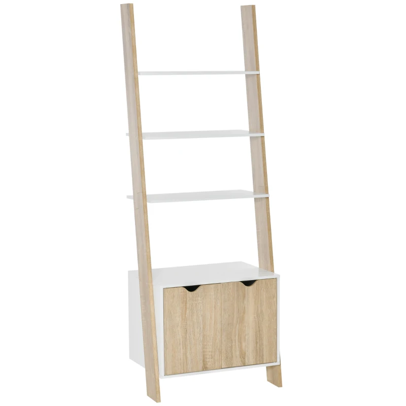 HOMCOM Étagère en Escalier avec 3 Étagères et Placard, Étagère en Escalier Style Nordique en Bois, 60x40x171cm, Chêne et Blanc