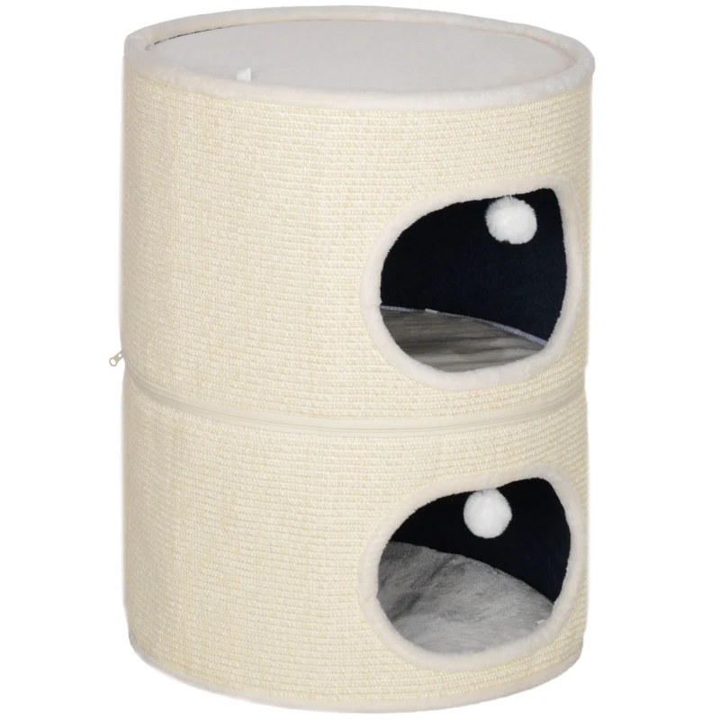 PawHut Tour pour chat modulable tonneau griffoir chat fermeture éclair séparable 3 niveaux tapis de grattage Ø 51 x 69 cm crème