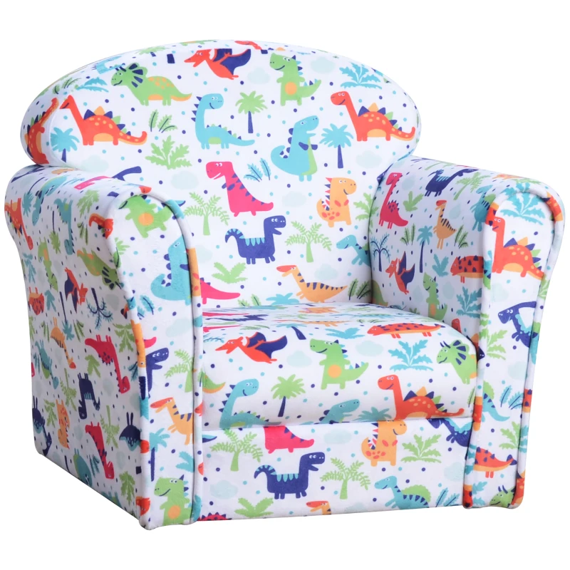 HOMCOM Sillón Infantil para +18 Meses con Estampado de Dinosaurios Acolchado de Espuma y Franela 50x39x44 cm Multicolor