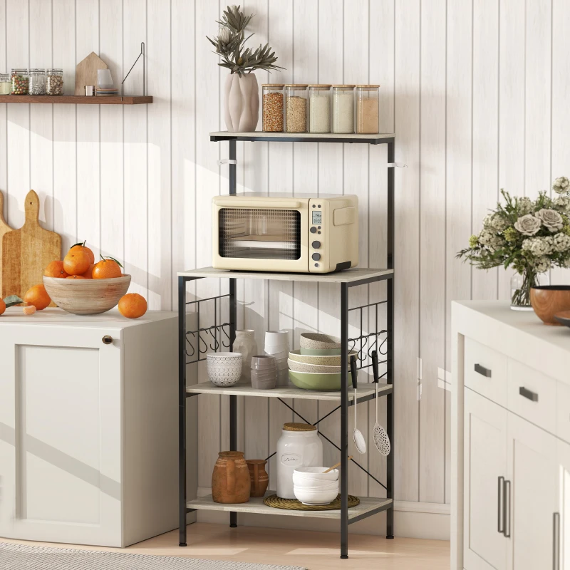 HOMCOM Estantería de Cocina de 4 Niveles con Paneles de Rejilla y 8 Ganchos Estilo Industrial, 60x42x134.5 cm, Roble