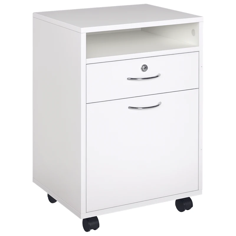 HOMCOM Armoire de Bureau avec 2 Clés, Tiroir, Armoires et 4 Roues en Bois Blanc, 40x35x60cm