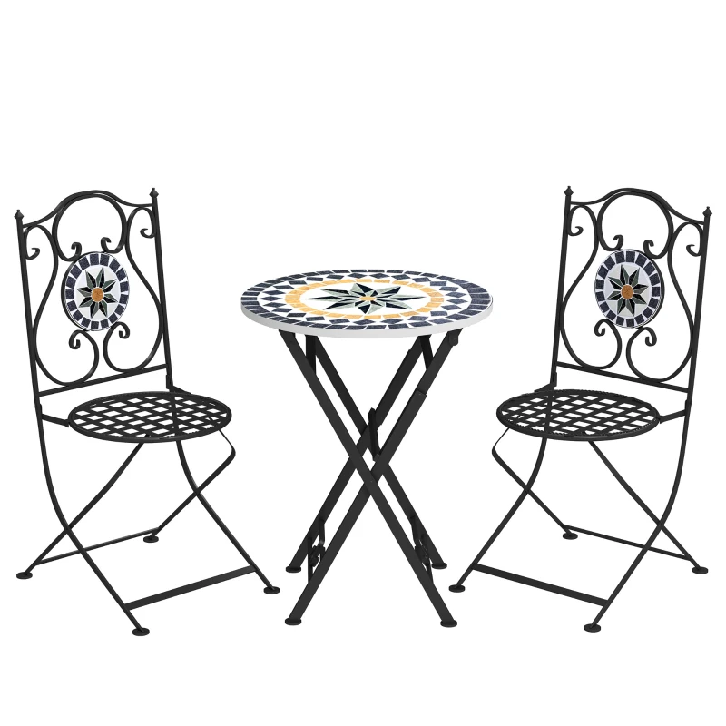 Outsunny Conjunto de Jardim de 3 Peças com Mesa Redonda Cadeiras Dobráveis e Desenho em Mosaico para Varanda Pátio Multicor